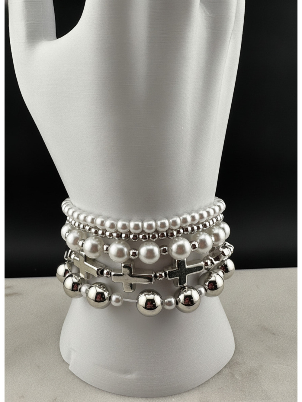 Cross Beaded Bracelet Stack with Cross Charm for Women